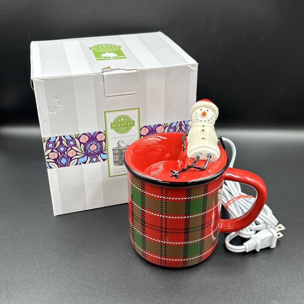 Scentsy Melt My Heart Warmer Red Plaid Campfire Mug Marshmallow Snowman Holiday